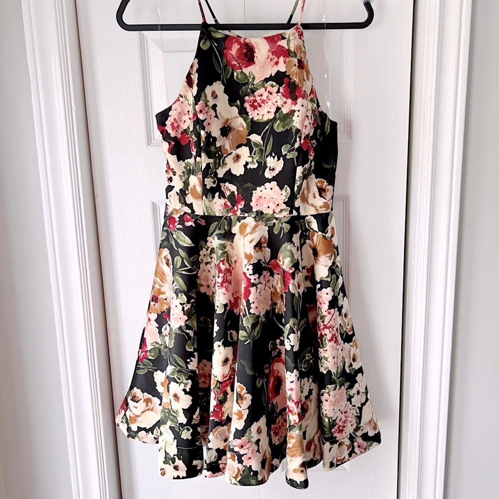 Black, Red and Cream Floral Halter A-Line Dress